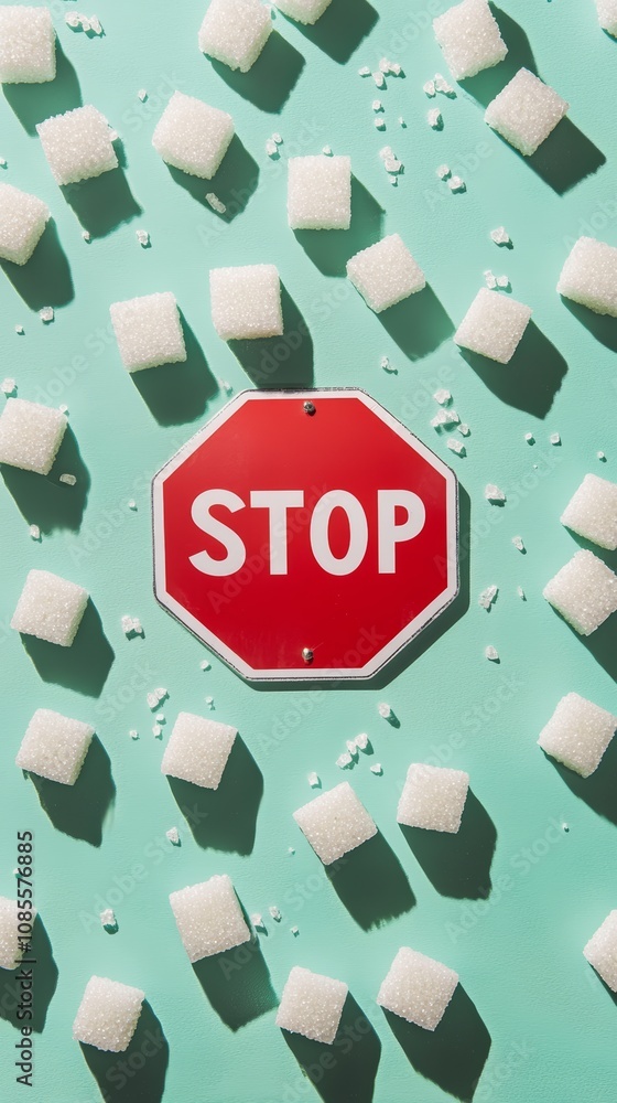 Poster numerous sugar cubes are scattered around a red stop sign on a vibrant turquoise background, symboli