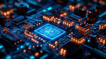 Obraz premium Close-up of a glowing microchip on a circuit board.