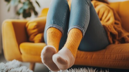 A beautiful woman sits at home in winter for a portrait on the sofa, wearing socks