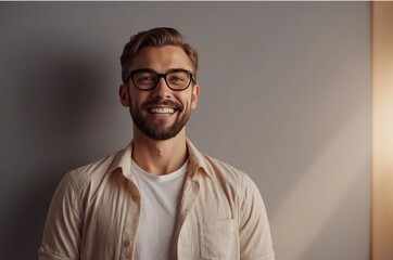 Obraz premium Portrait of smiling young bearded handsome man looking to the side with his eyes and open mouth wearing white t-shirt and beige shirt isolated on grey wall background with copy space. 