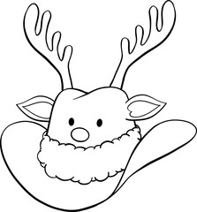Christmas cowboy hat with reindeer antlers, nose, ears, eyes and fluffy fur trim hand drawn black outline illustration with no fill