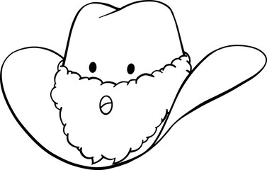 Christmas cowboy hat with Santa fluffy beard, eyes and mouth hand drawn black outline illustration with no fill