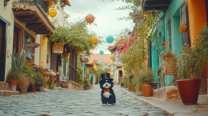 Fototapeta premium Dapper Dog in a Festive Cobblestone Street