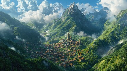 Obraz premium Serene Village Nestled in Majestic Mountain Landscape