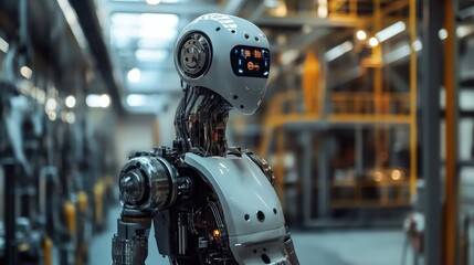 Close-up of a humanoid robot in a futuristic factory setting.  The robot's intricate design and metallic body stand out against a blurred background of industrial machinery.