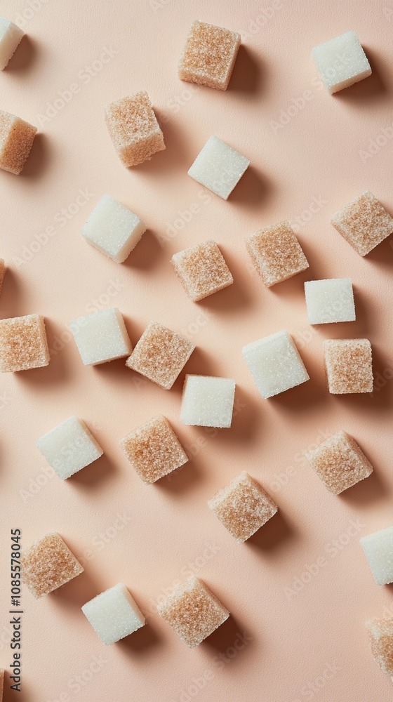 Aufkleber white and brown sugar cubes are scattered on a pink background. creating a visually appealing contra
