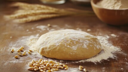 Fototapeta premium Raw wheat dough on a rustic wooden table, flour scattered around, small bowl of wheat kernels on the side.