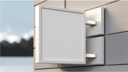 Square mock up sign on white building wall