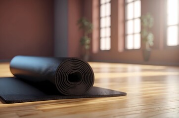Black yoga mat on the floor of a bright sunny studio