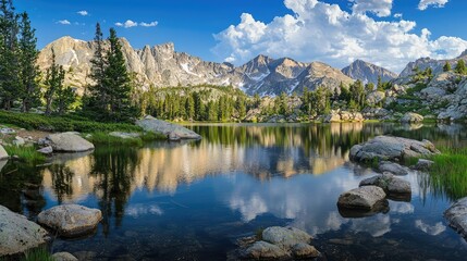 Fototapeta premium Serene Mountain Lake Surrounded by Evergreens