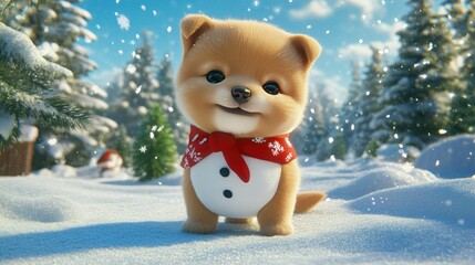 Fototapeta premium Adorable Pomeranian Puppy in Snowman Costume, Winter Wonderland Scene