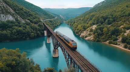 Modern Train Crossing Steel Bridge Over River