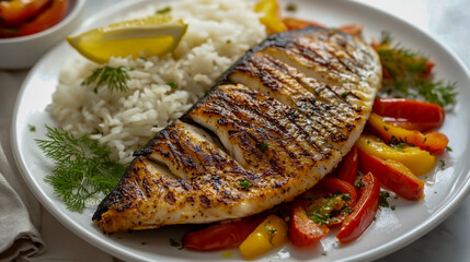 Delicious plate of fish served with rice and peppers, vibrant and healthy meal food photography