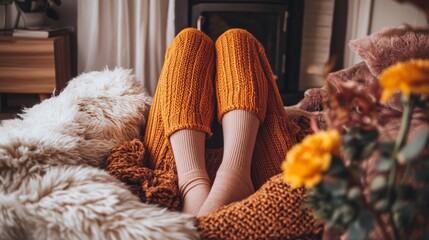 A beautiful woman sits at home in winter for a portrait on the sofa, wearing socks