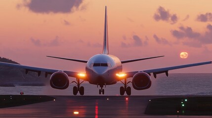 Majestic Sunset Landing of Airplane on Runway with Vibrant Colors Reflected Over Water, Capturing the Essence of Air Travel at Dusk