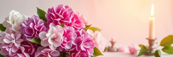 Fototapeta premium Romantic decoration with candle and hydrangea blooms, home decor, table