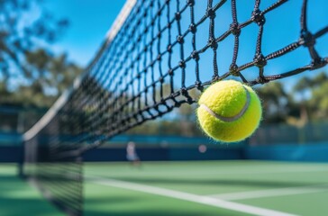 tennis ball hitting the net, with a blurred court background