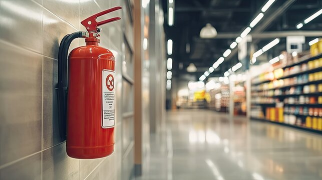 Red fire extinguisher mounted on a wall in a spacious retail store, prepared for emergencies with signage.