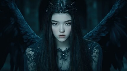 Fototapeta premium Dark Angel Mysterious Woman with Black Wings and Crown