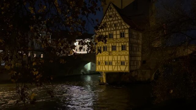 Old town hall of Bamberg at night with Regnitz River Upper Franconia, Bavaria, Germany, Europe 4k Video
