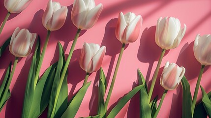 A vibrant arrangement of pink and white tulips against a pink background.