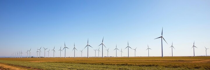 Wind turbines in a field under a clear blue sky, harnessing clean renewable energy, electricity production