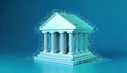 Transforming bank building into digital code, symbolizing innovation
