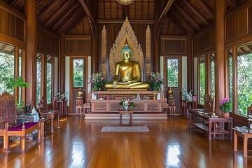 Fototapeta premium A serene interior featuring a large Buddha statue surrounded by wooden decor and plants.