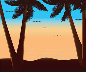 summer on the beach backgrounds on flying bird the beach with palm trees, colorful picture for rest, gradient  palm trees at sun sky illustration