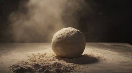 Round dough ball on a floured table, soft light from the side creating contrast on the rough texture.