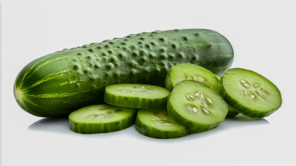 Fresh, ripe cucumber isolated on a white background, showcasing its vibrant green color and smooth texture