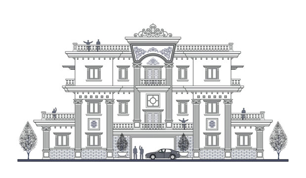 Facade of 3 storeys symmetrical modern classic building with 2 doors, 13 windows, long balustrade, frame, 8 columns, canopy, crown, balcony, gate and curve wall element.