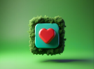 3d Like icon button covered with green plants over colored background