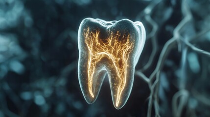 Illustration of a human tooth with nerve endings  exploring dental treatment and pain relief methods
