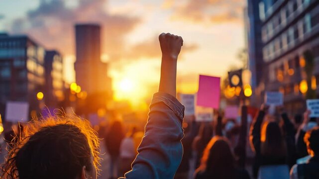 Huge crowd protesting And there was one person holding a sign with the sun setting. Create a warm and hopeful atmosphere.