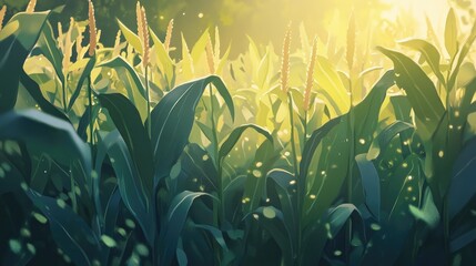 Lush Cornfield Bathed in Golden Sunrise Light with Soft Focus and Warm Atmosphere Creating a Serene and Idyllic Agricultural Landscape Photograph