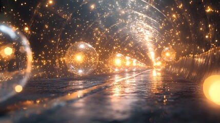 Naklejka premium A mesmerizing scene featuring a reflective pathway illuminated by glowing orbs and sparkling lights, creating a magical, ethereal atmosphere.