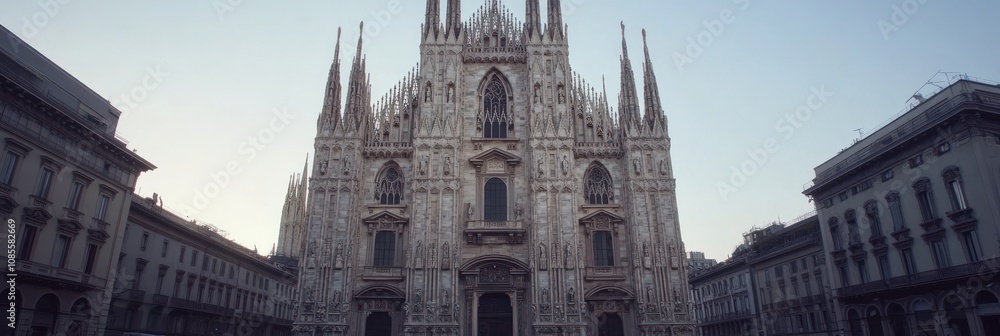 Poster a stunning view of a grand cathedral with intricate architecture at dawn.