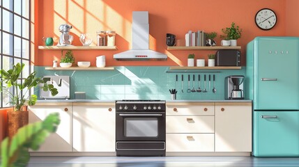 Modern Kitchen with Open Shelving and Bright Colors