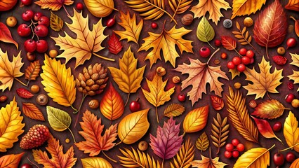 Fototapeta premium A vibrant tapestry of autumn leaves, berries, and pinecones, showcasing the diverse beauty of nature's seasonal transformation.