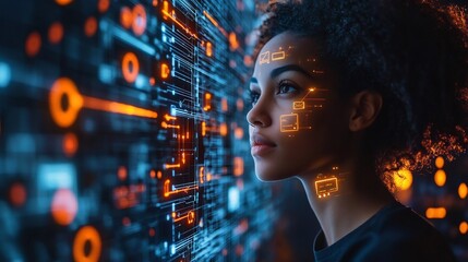 Security professional examining digital visuals of online safety protocols glowing symbols encryption data protection and secure networks