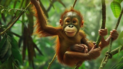 Naklejka premium Playful baby monkey swinging from branch to branch in a tropical jungle.