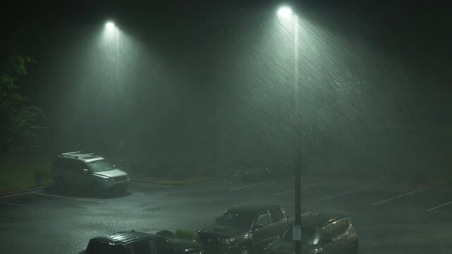 Hurricane Helene Strikes City With Strong Wind and Torrential Rain. Heavy Rain at Night on Street With Street Lights and Cars. Extreme Weather Events. Greenville, SC, USA - September 27, 2024.