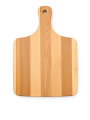 Wooden cutting board with natural wood grain pattern on white background, cooking