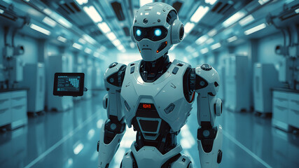 Humanoid AI robot stands in a futuristic laboratory. Details of data screens on the robot's arms and sensors around it.