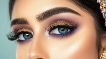 Naklejka premium Close-up of a Woman's Eye with Stunning Gold and Purple Eye Makeup