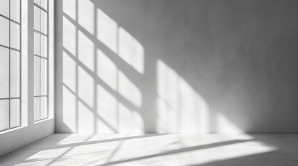 Obraz premium abstract. minimalistic background for product presentation. walls in large empty room greyish white. can full of sunlight. Loft wall or minimalist wall. Shadow, light from windows to plaster wall.