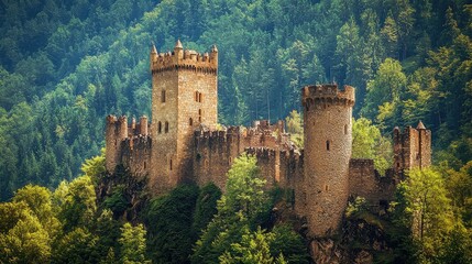 Obraz premium Majestic Medieval Castle Surrounded by Lush Forest