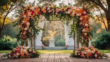 Obraz premium Wedding backdrop aesthetic flower decoration outdoor sunny aesthetic background
