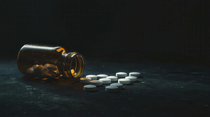 Close-Up of a Spilled Medicine Bottle with White Pills Posed Dramatically on a Dark Surface for Health and Wellness Imagery